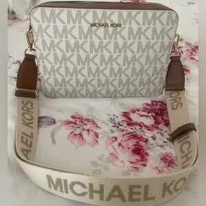 Michael Kors White and Brown Logo Crossbody Bag with Branded Strap